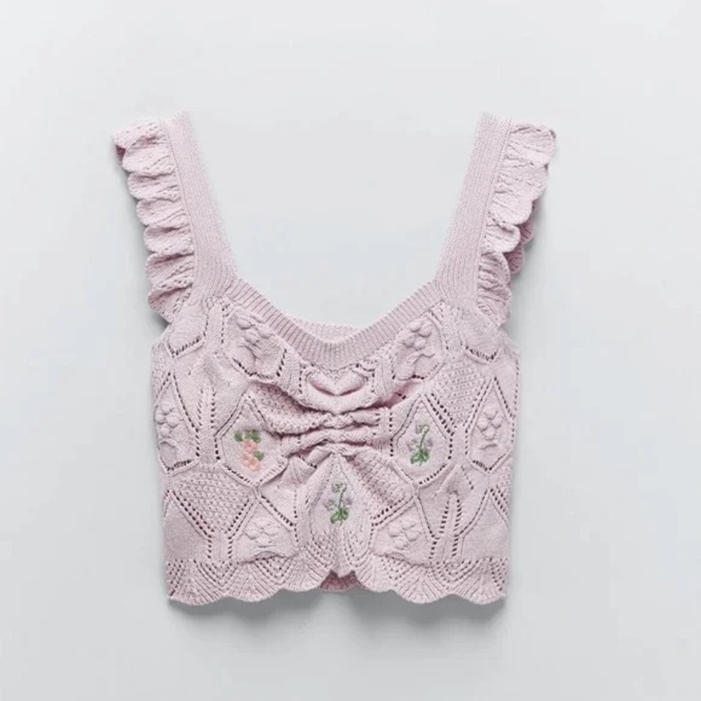 Zara Pink Crochet Crop Top with Floral Embroidery Size Medium